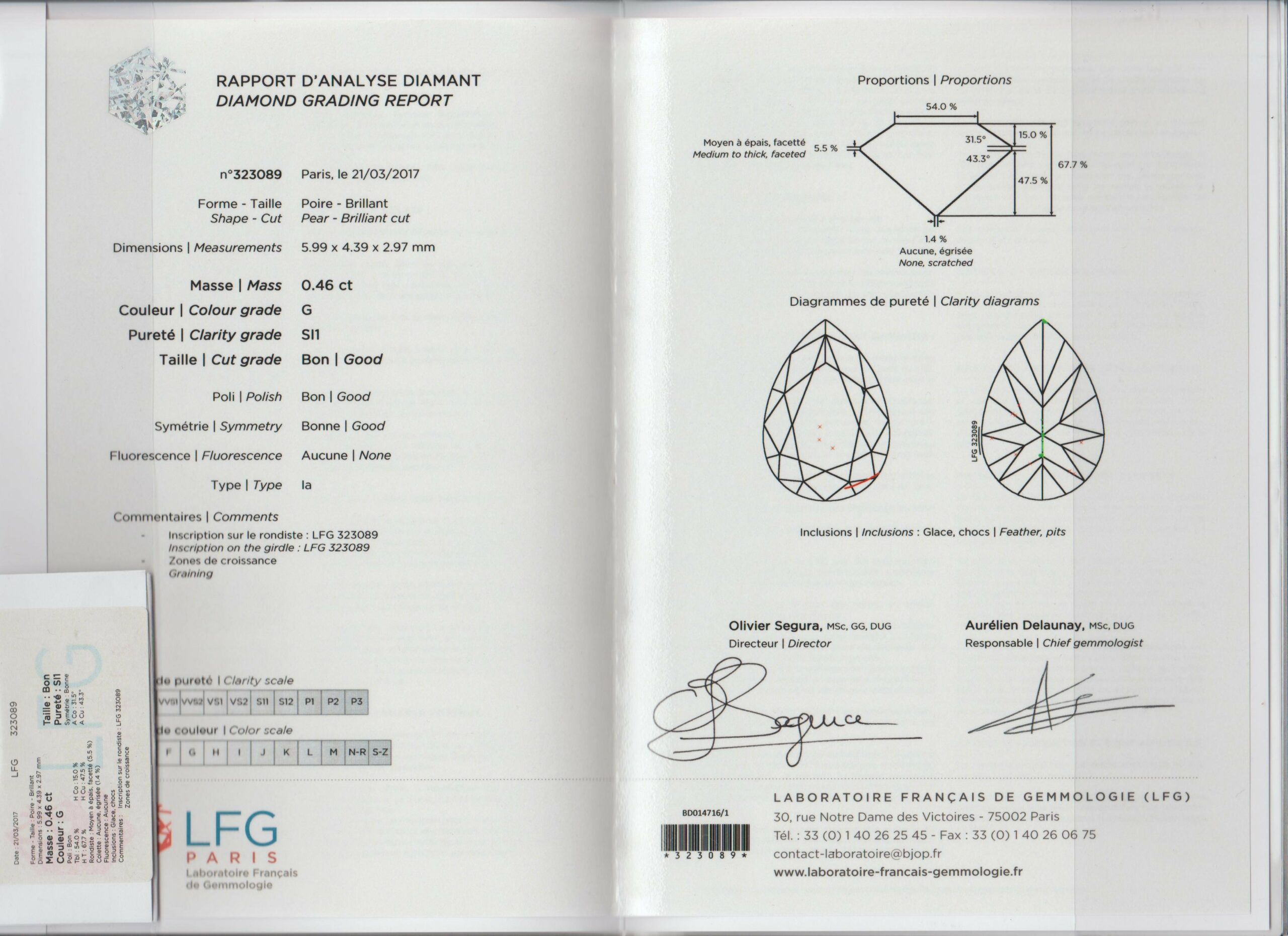 STK-LDP-419 - Certificat - Diamant Poire - 0,46 Carat